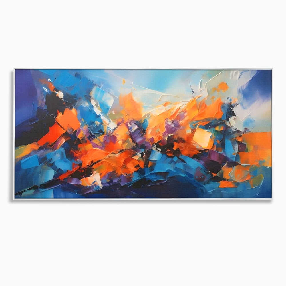 Tablou canvas cu pictura abstracta cu pete portocalii, in rama de aluminiu argintiu